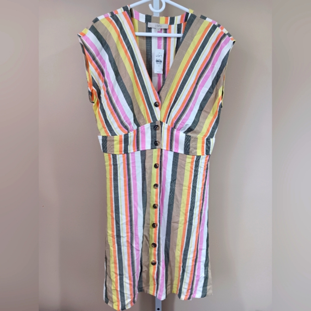LOFT Women's (Size 12) Colorful Striped Button Flare Midi Dress (NWT)
